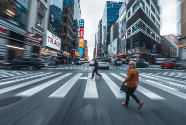 Urban street scene with busy pedestrian crosswalk, colorful advertisements, and modern buildings creating a dynamic city life atmosphere.