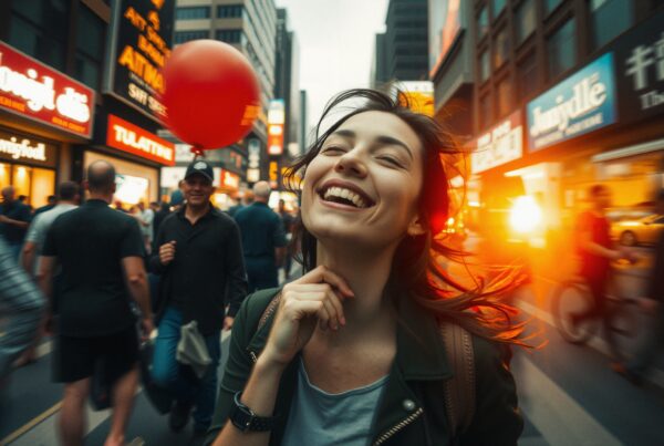 Young woman laughing on busy city street with bright lights and bustling crowd.