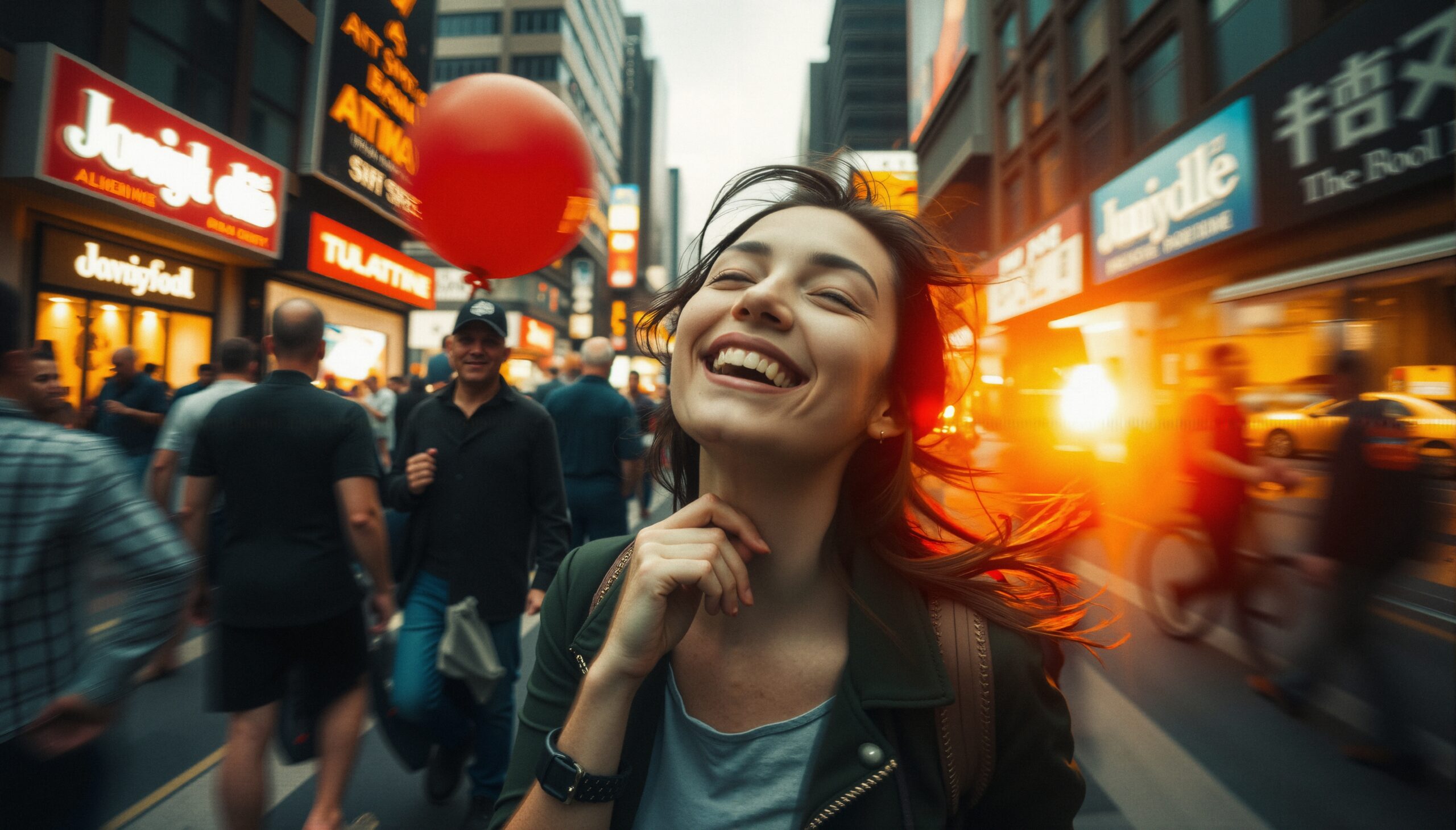 Joyful Moment in Busy City