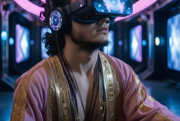 A man in futuristic attire using VR goggles, with neon cosmic visuals and glowing headphones in a sci-fi setting.