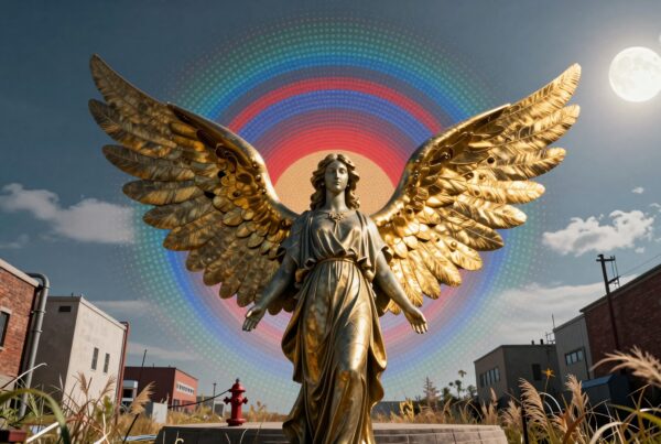 Golden angel statue with rainbow halo under moonlit sky in an urban setting.