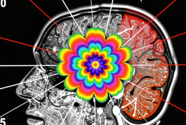 A detailed MRI scan with a vibrant, multicolored floral pattern overlay, suggesting the fusion of neuroscience and art.