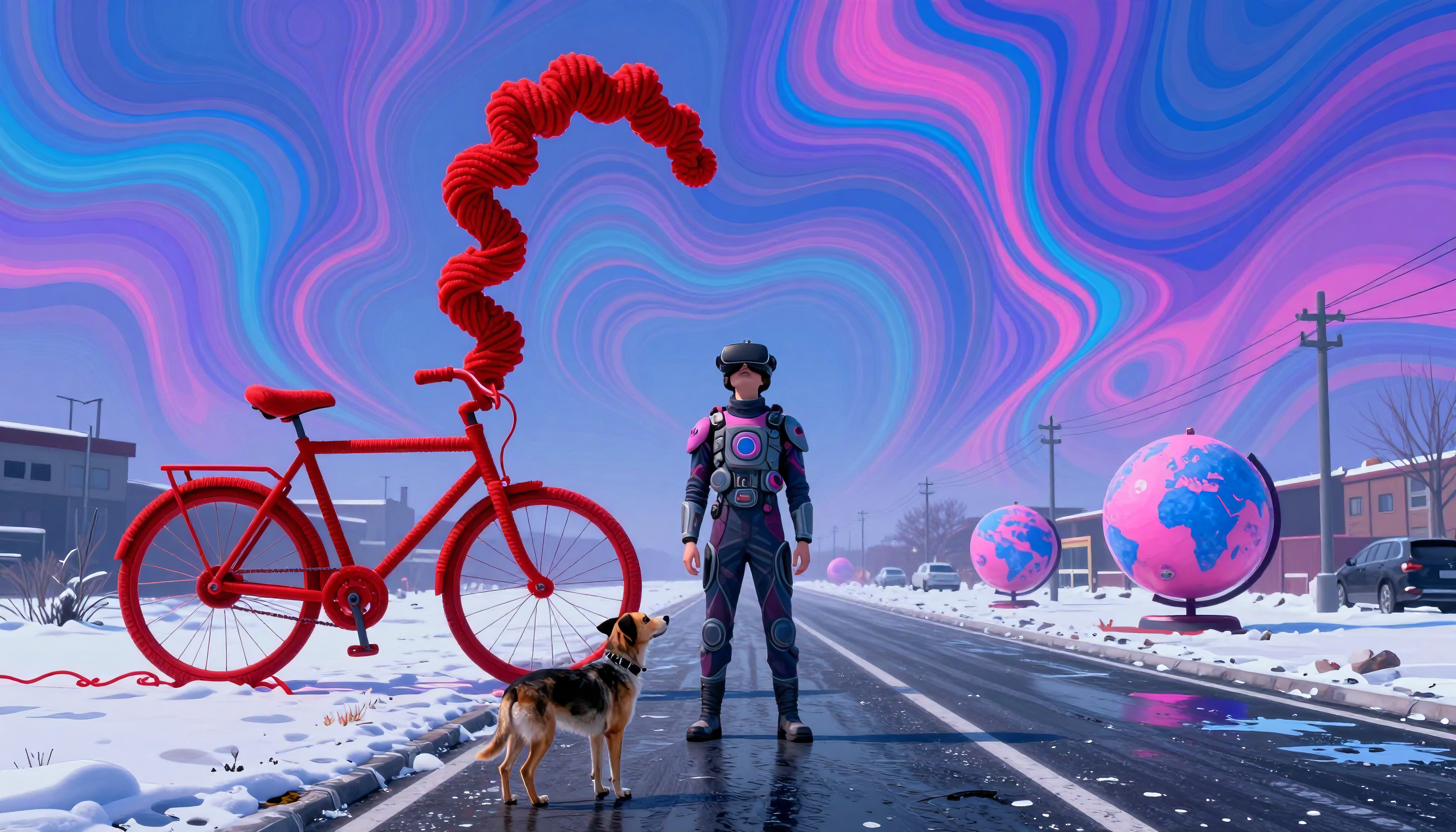 VR Scene with Yarn Bicycle, Dog, and Swirling Sky