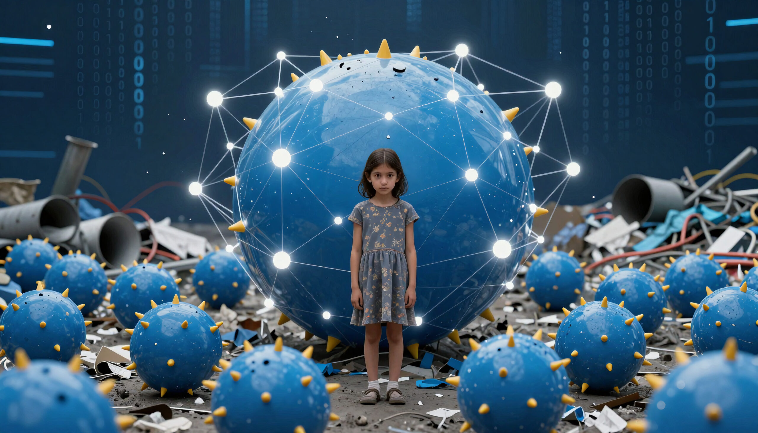 Child Amidst Digital Spheres and Debris
