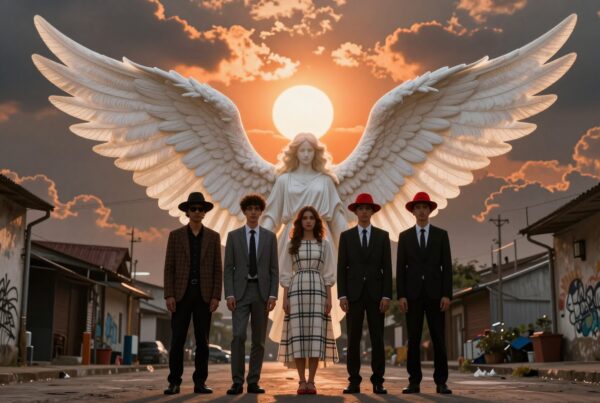 A group stands before a majestic angel statue at sunset in an urban street.