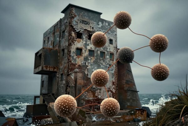 An abandoned building by the sea juxtaposed with interconnected futuristic spheres.