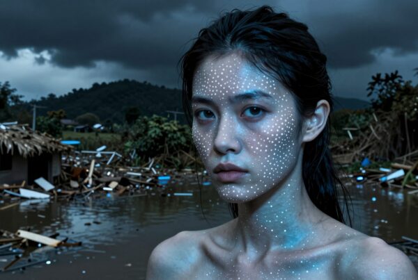 A woman with dotted face paint stands resilient amid stormy floodwaters and debris.