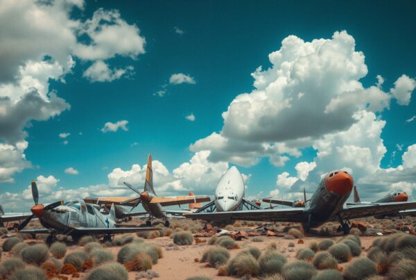 Abandoned vintage airplanes in a desert, surrounded by tufts of vegetation and under a cloudy blue sky.
