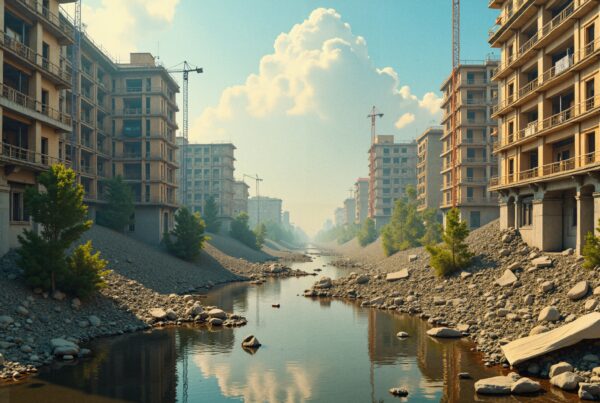 A river flows through a construction site with cranes and unfinished buildings on either side.