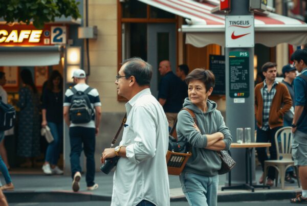 A lively city street scene with people walking and interacting near a cafe.