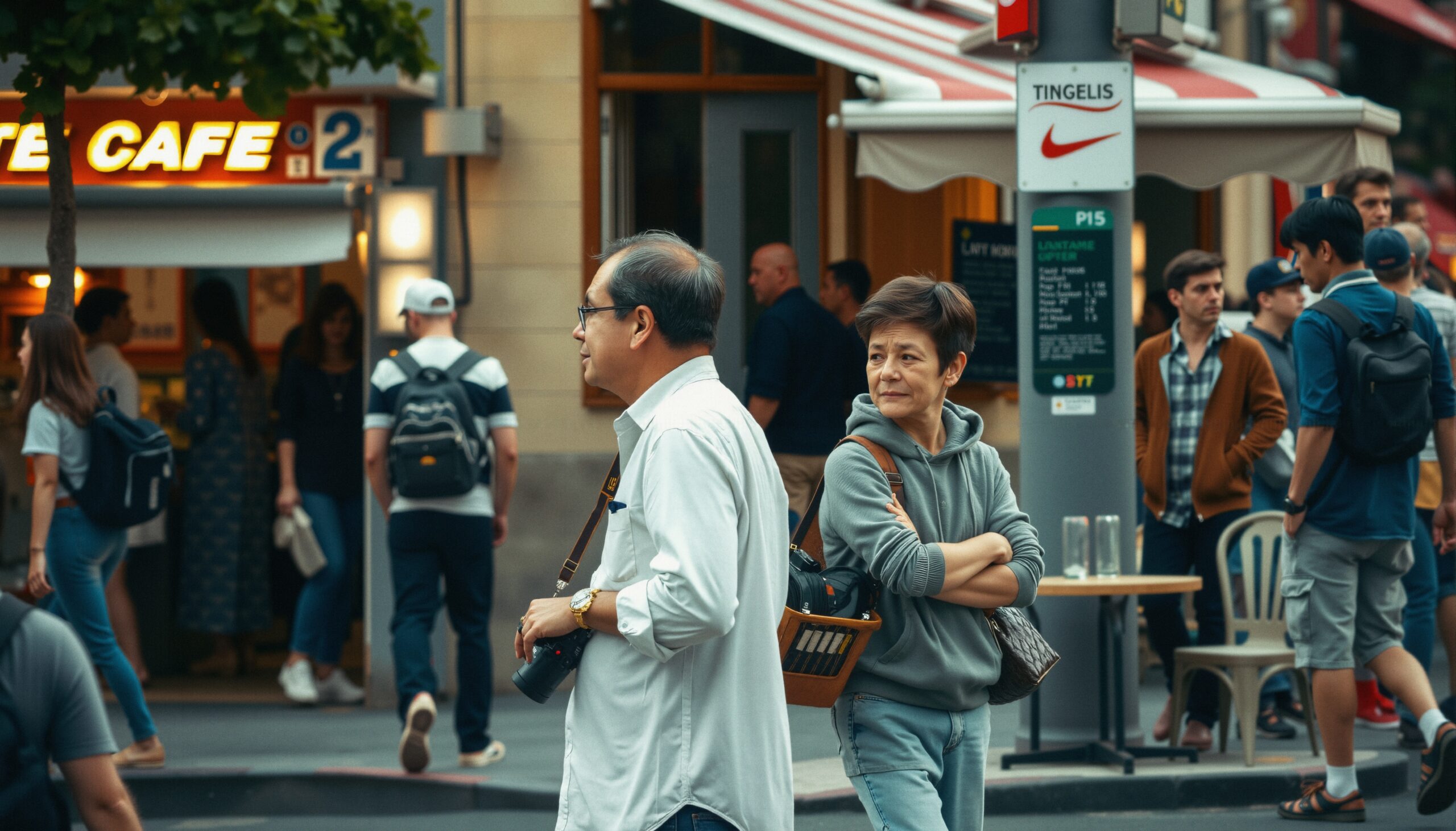 People walking by a busy cafe