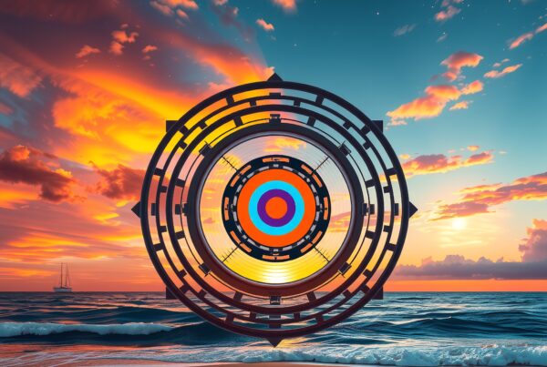 A geometric design overlays a vibrant beach sunset, creating a unique, colorful visual.