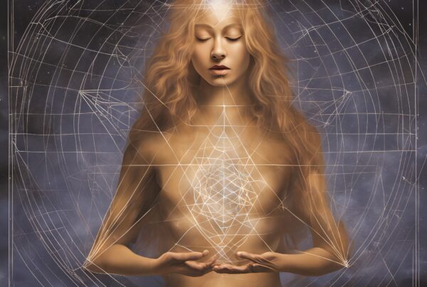 A mystical woman bathed in cosmic light, connected through geometric harmony.