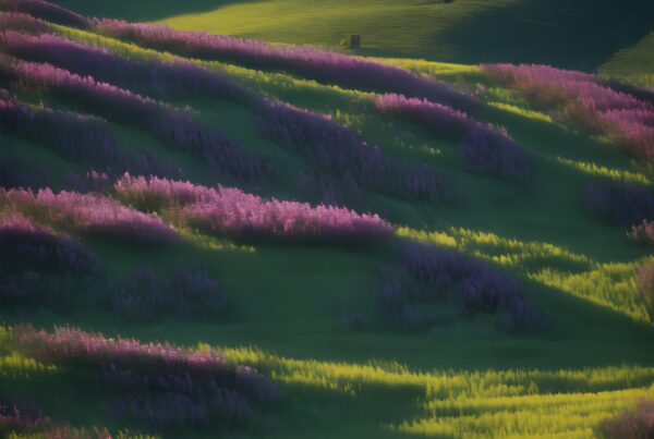 A picturesque landscape of green hills and purple flowers under sunlight.