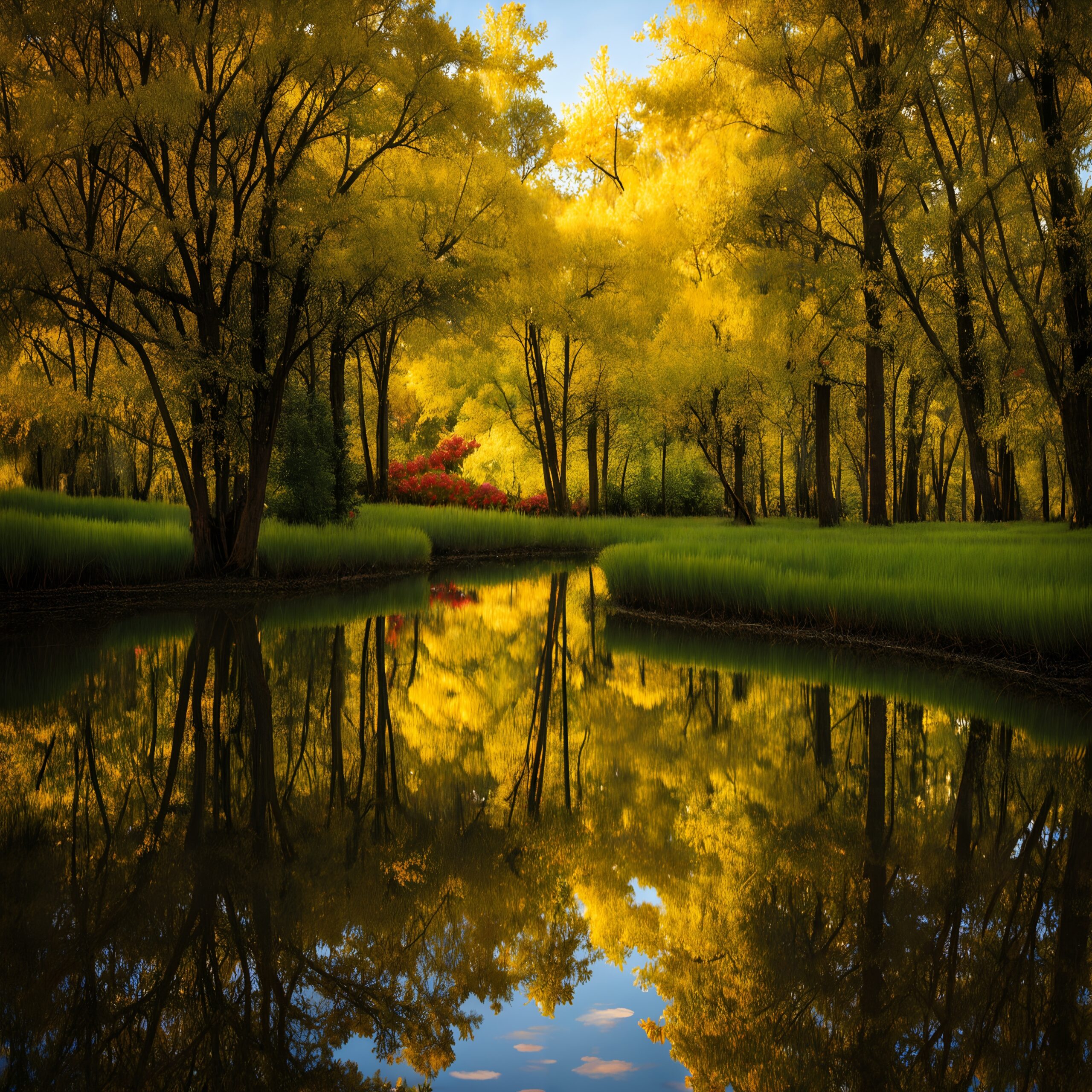 Golden Forest Reflections in Pond