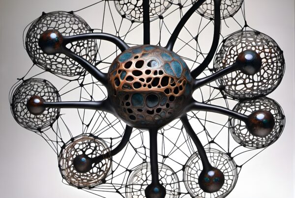 Futuristic metallic sculpture with intricate design showcasing interconnected orbs.