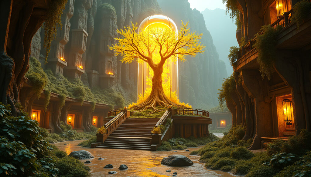 Mystical Architecture: Sunlit Grove within a Citadel of Lush Gre