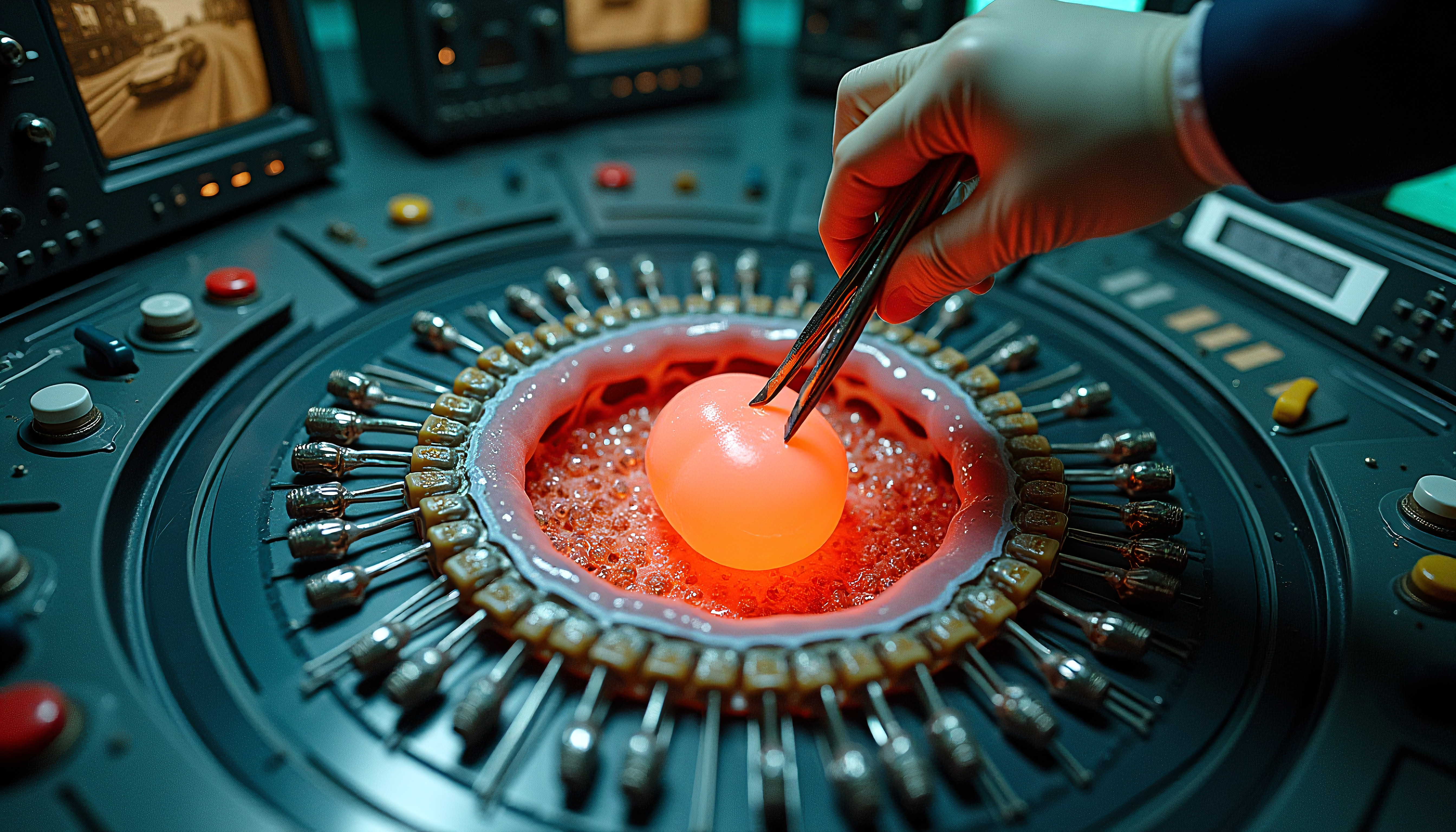 Scientist Examining Egg-Shaped Sphere Device