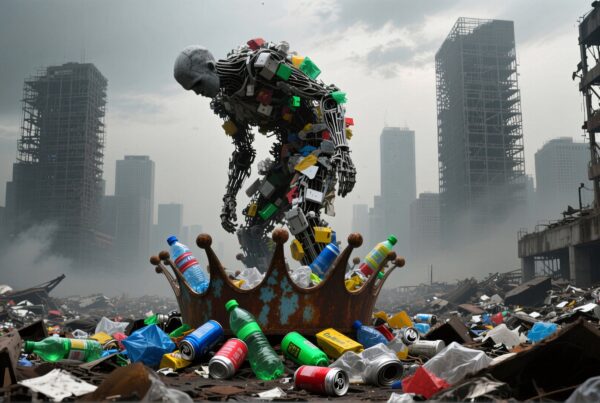 A robotic figure bends over a crown amidst urban debris, surrounded by looming city ruins and scattered trash, symbolizing environmental degradation.