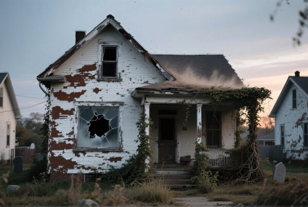 The image shows an abandoned, weathered house with peeling paint and a broken window, covered in vines and surrounded by overgrown grass.