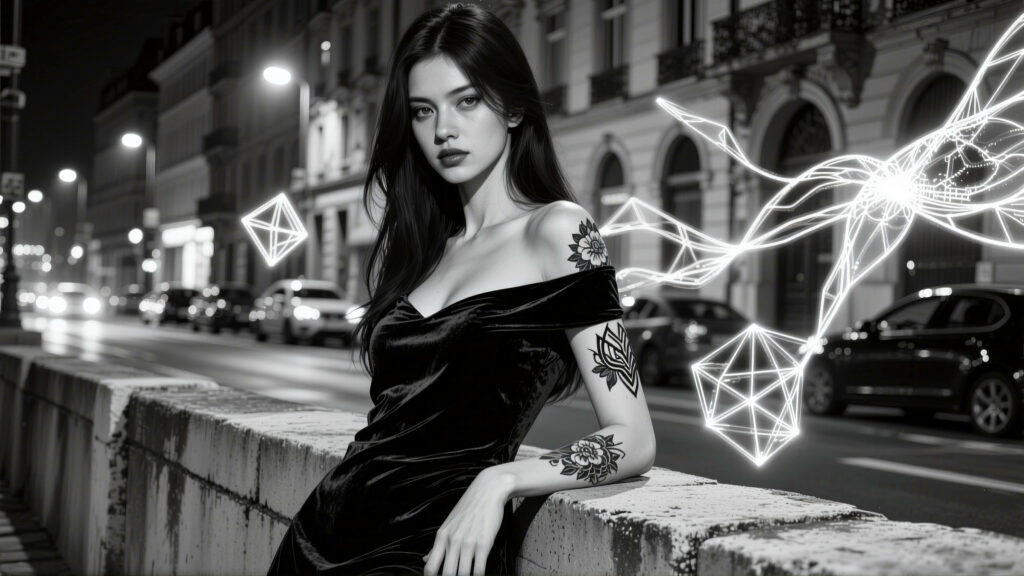 Nighttime Urban Portrait with Neon Geometric Elements and Black