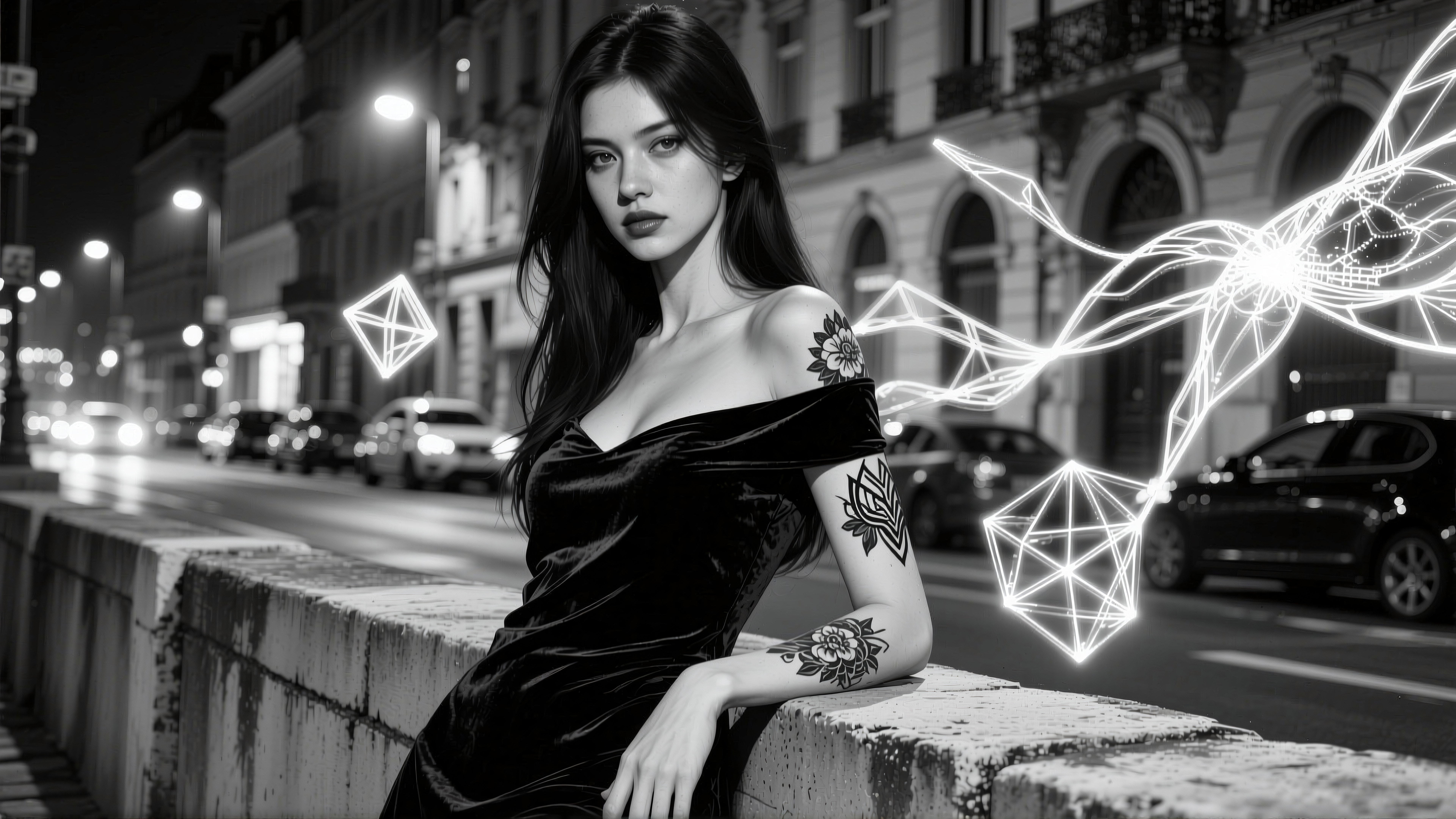 Nighttime Urban Portrait with Neon Geometric Elements