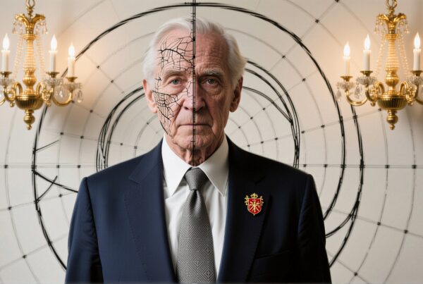 Elderly man in suit with artistic cracked face, concentric circles and chandeliers.