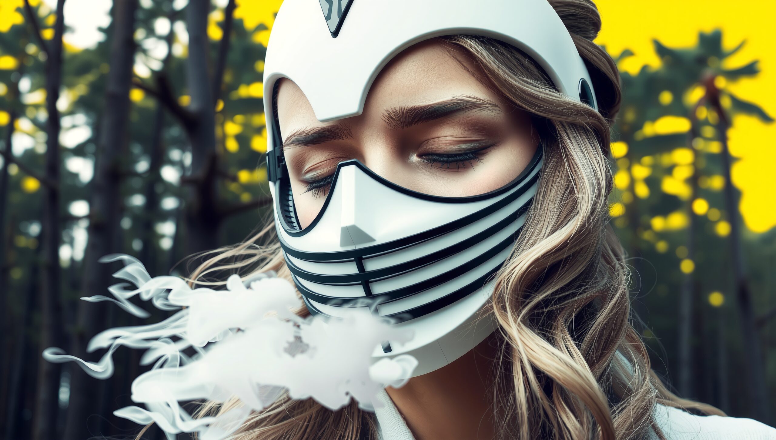 Futuristic Breathing Mask In Mystical Forest