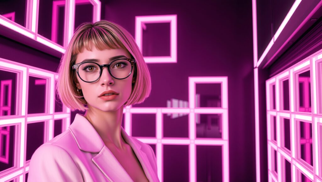 Businesswoman in Futuristic Neon Office with Geometric Light Fra