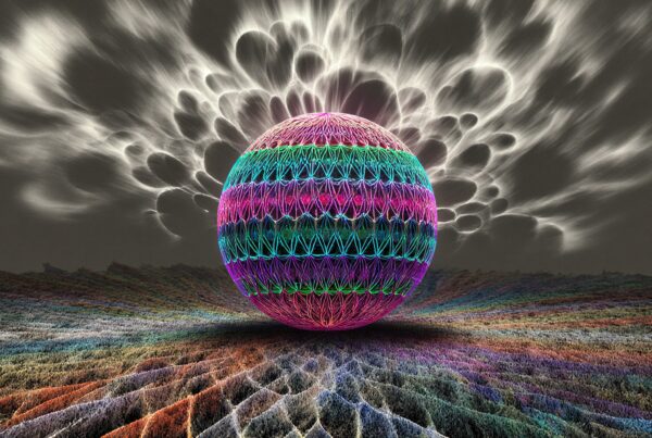 A surreal neon sphere on textured landscape with swirling clouds.