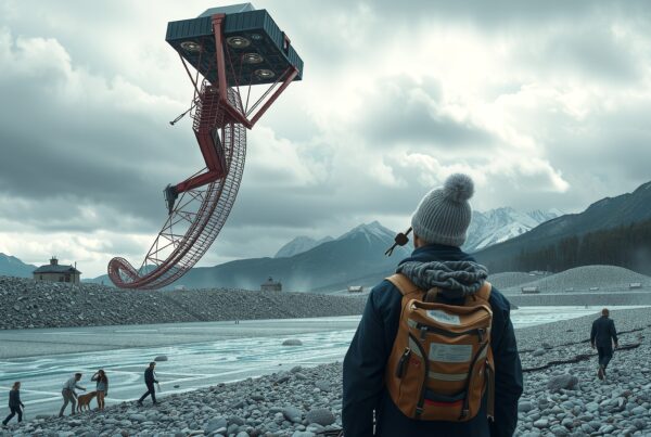 Surreal landscape with curved structure and people exploring.