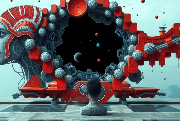 An individual gazes into a futuristic cosmic portal, surrounded by cybernetic structures.