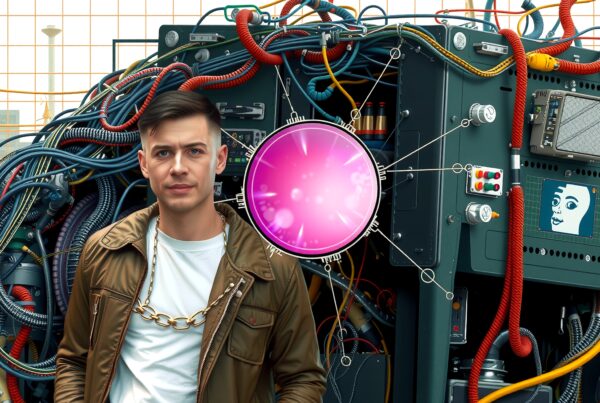 A man in a futuristic lab with intricate wiring and a glowing pink orb.