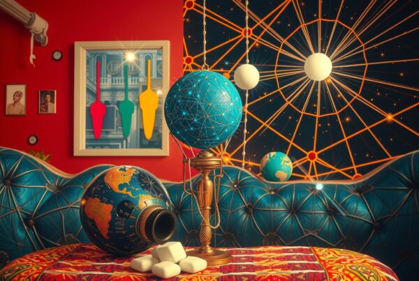 Vibrant room with celestial globes and eclectic art.