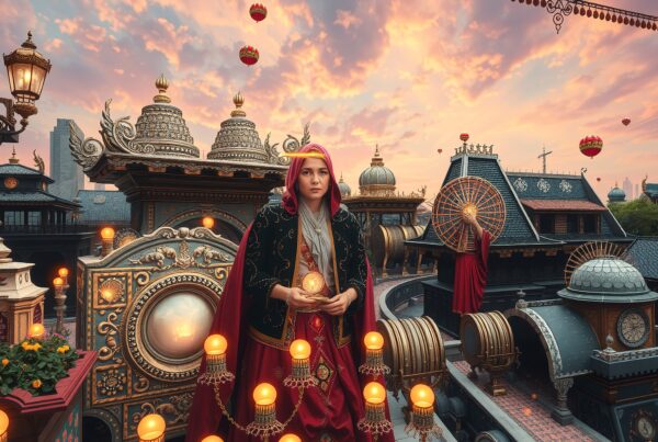 Steampunk cityscape with woman holding glowing orb on ornate rooftop at sunset.
