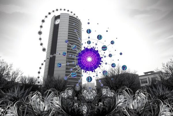 Futuristic abstract scene with building, digital art, and nature elements.