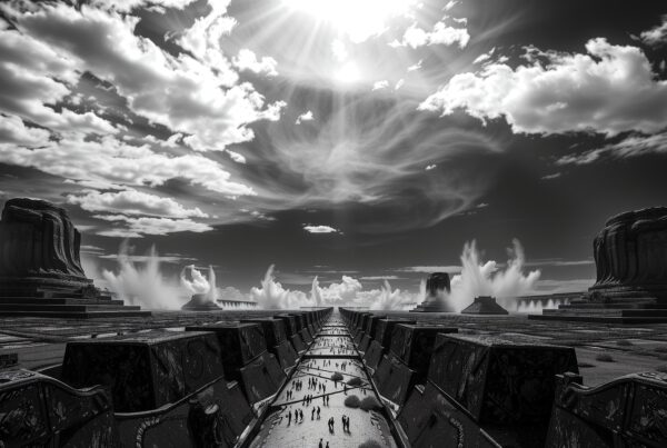 Surreal landscape with towering structures and centered pathway.