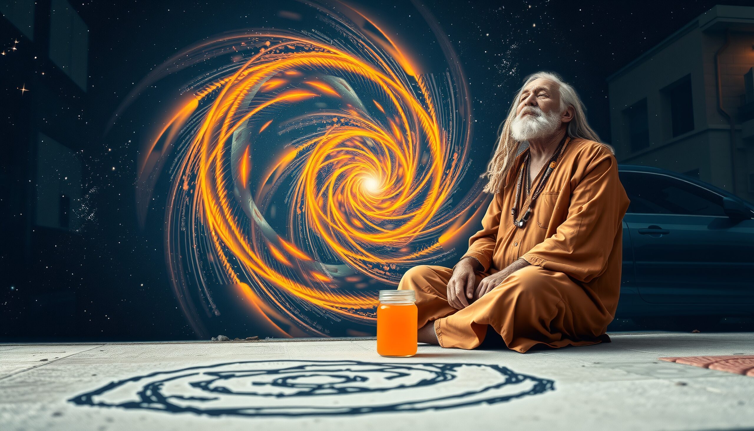 Serene Meditation Under Cosmic Swirl