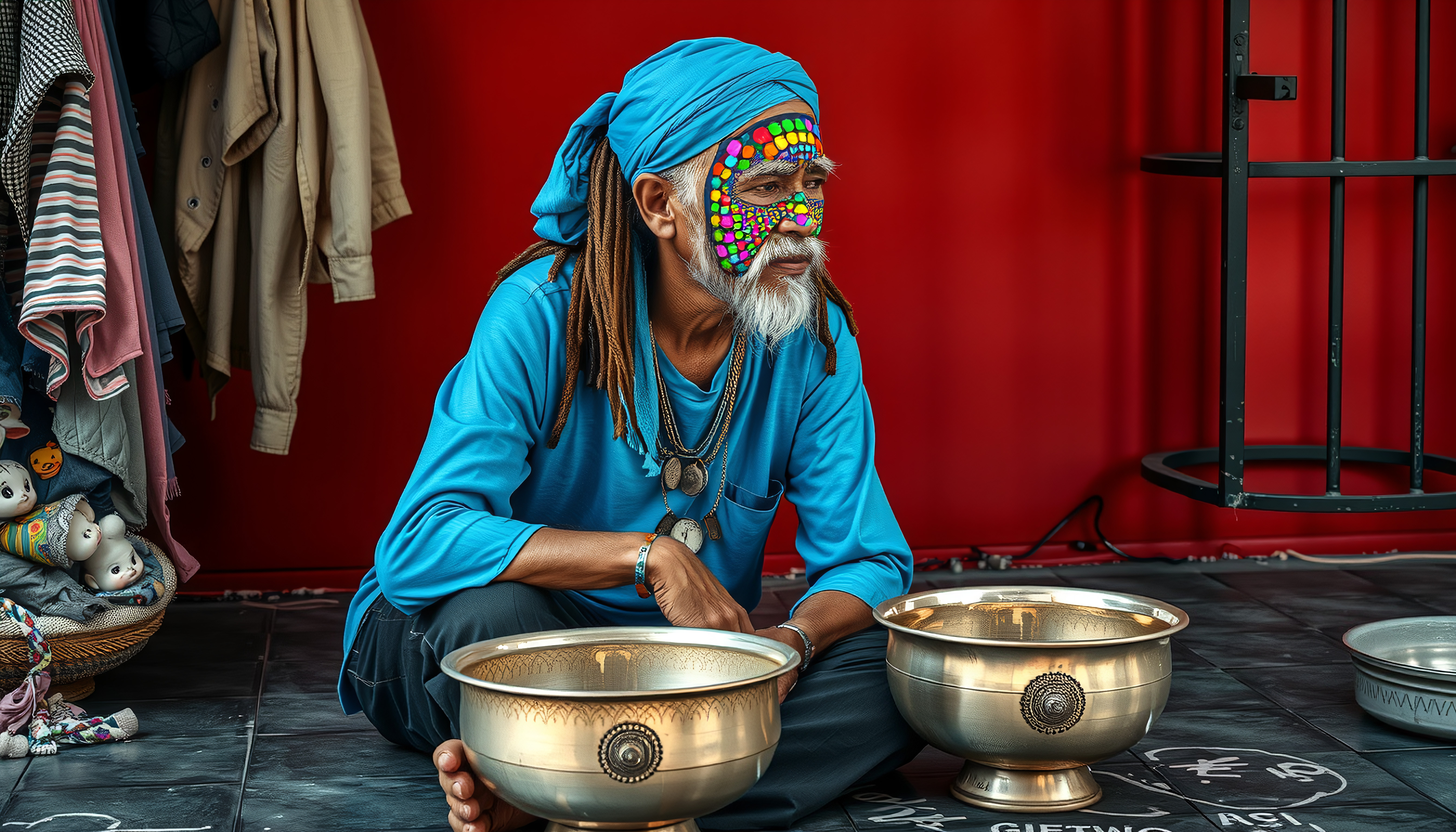 A decorated man seated with metal bowls