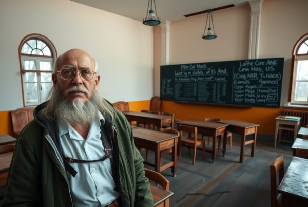 Elderly teacher in classroom with chalkboard and desks.