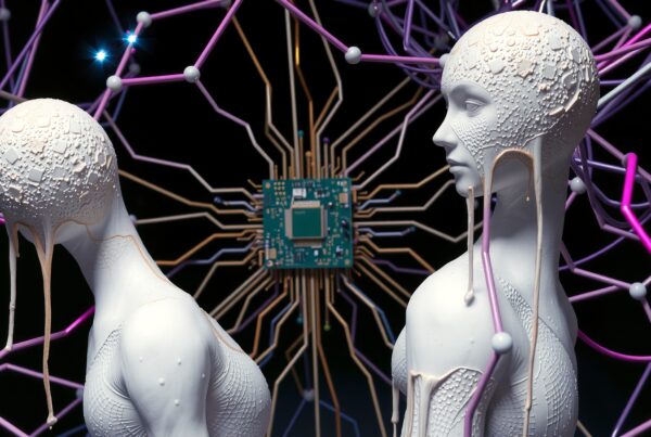 Futuristic humanoid figures with organic and digital textures stand before a glowing microchip, showcasing a blend of technology and art.