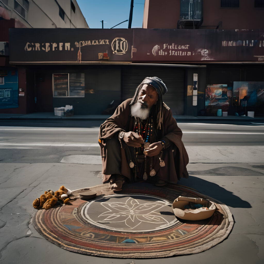 Urban Spiritual Practitioner with Ritual Mat on City Sidewalk