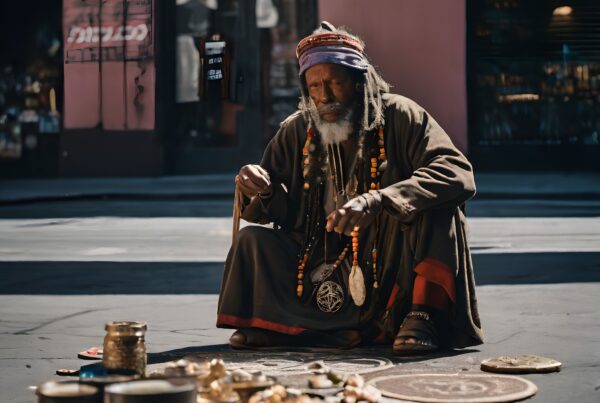Elderly man performing a street ritual with colorful beads in an urban setting.