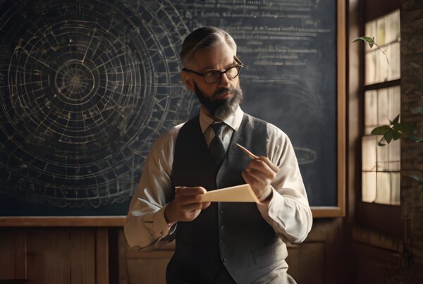 Academic scholar holding paper and pencil, gazing thoughtfully at chalkboard filled with scientific formulas.