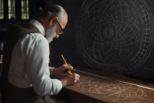An elderly scholar draws geometric patterns on a desk with a blackboard background.