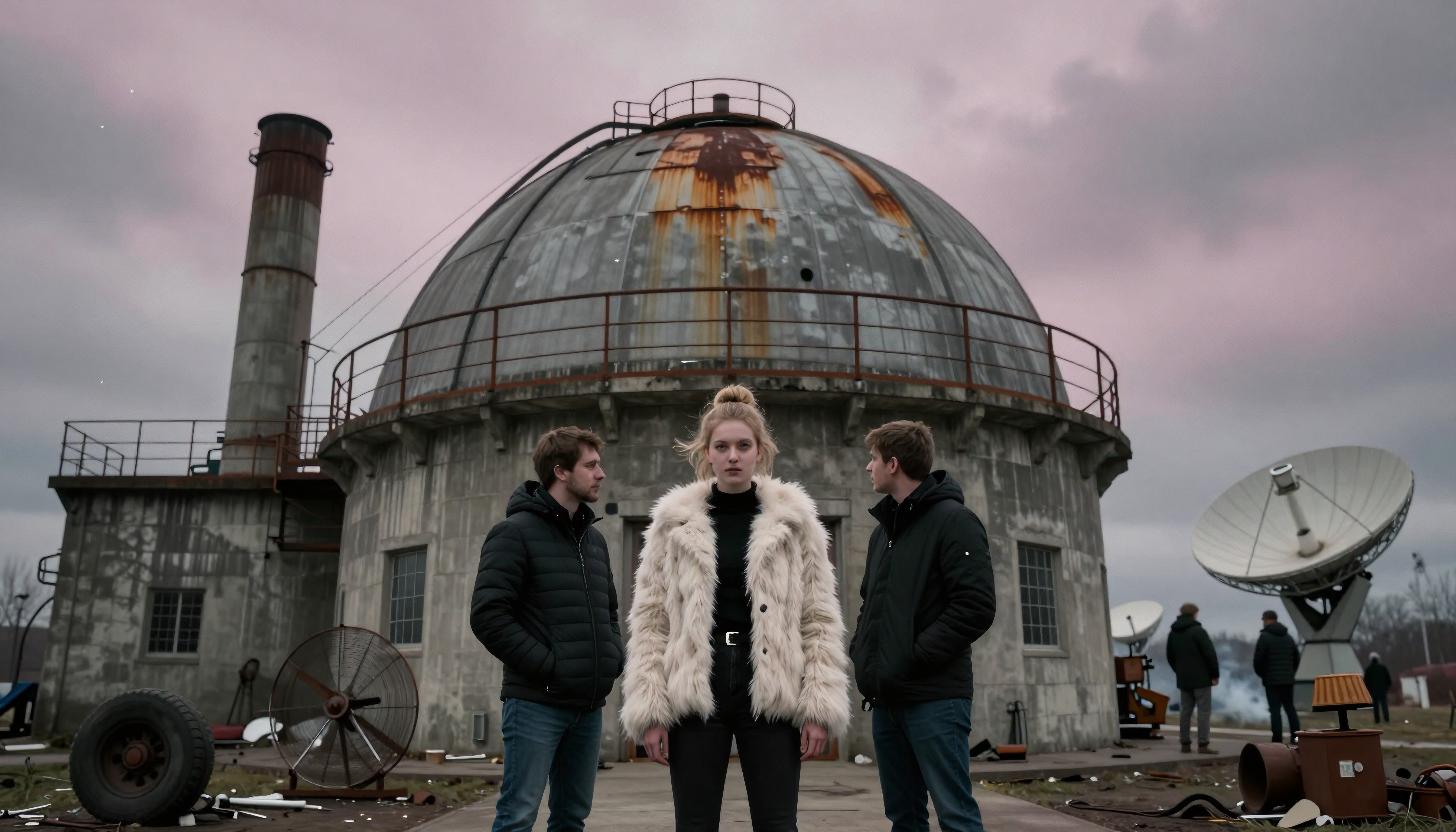 Three people in front of an observatory dome