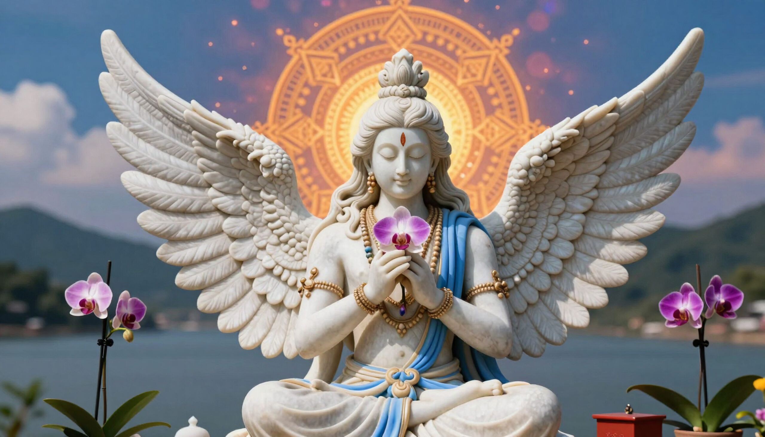 Statue of Goddess Durga with Wings and Orchids