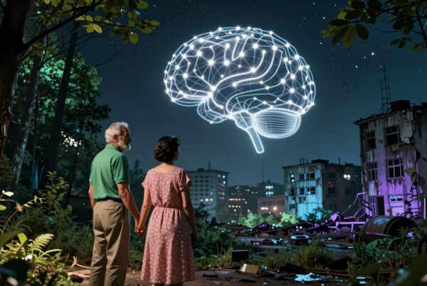 An elderly couple stands amid overgrown ruins, gazing at a luminous digital brain in the night sky, blending nature and technology.