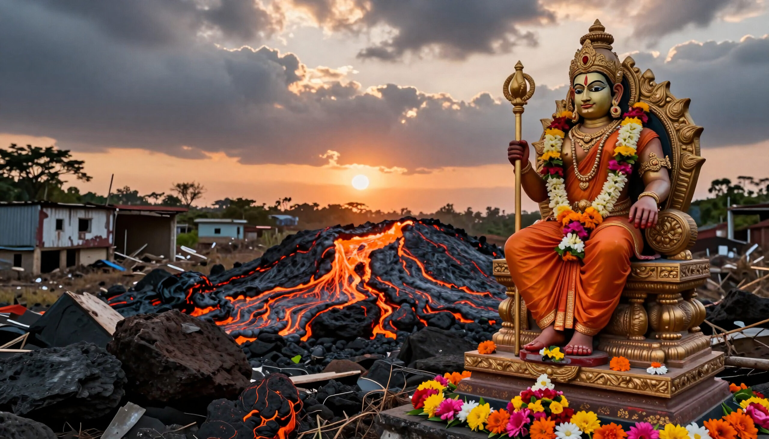 Deity Amidst Volcanic Ruin Sunset