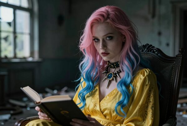 A woman with pink and blue hair sitting in a vintage room reading a book.